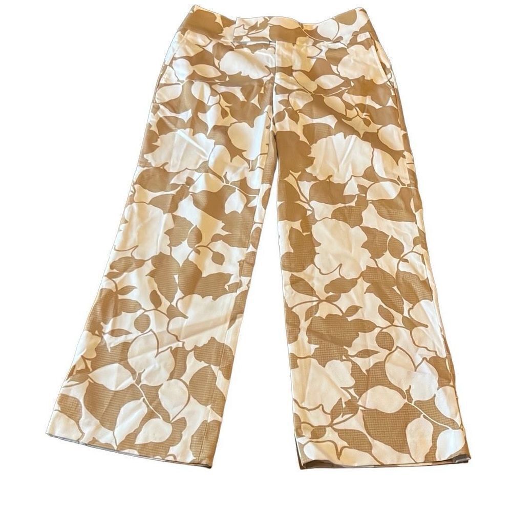 Chaiken Womens 2 Tan White Floral Mid Rise‎ Straight Leg Cropped Chino Pants